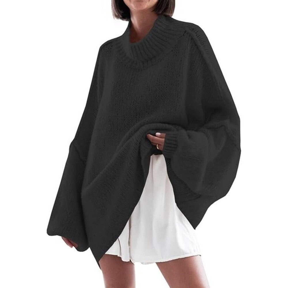Saodimallsu Women's Mock Neck Sweaters SMALL Black Oversized Batwing Long Sleeve